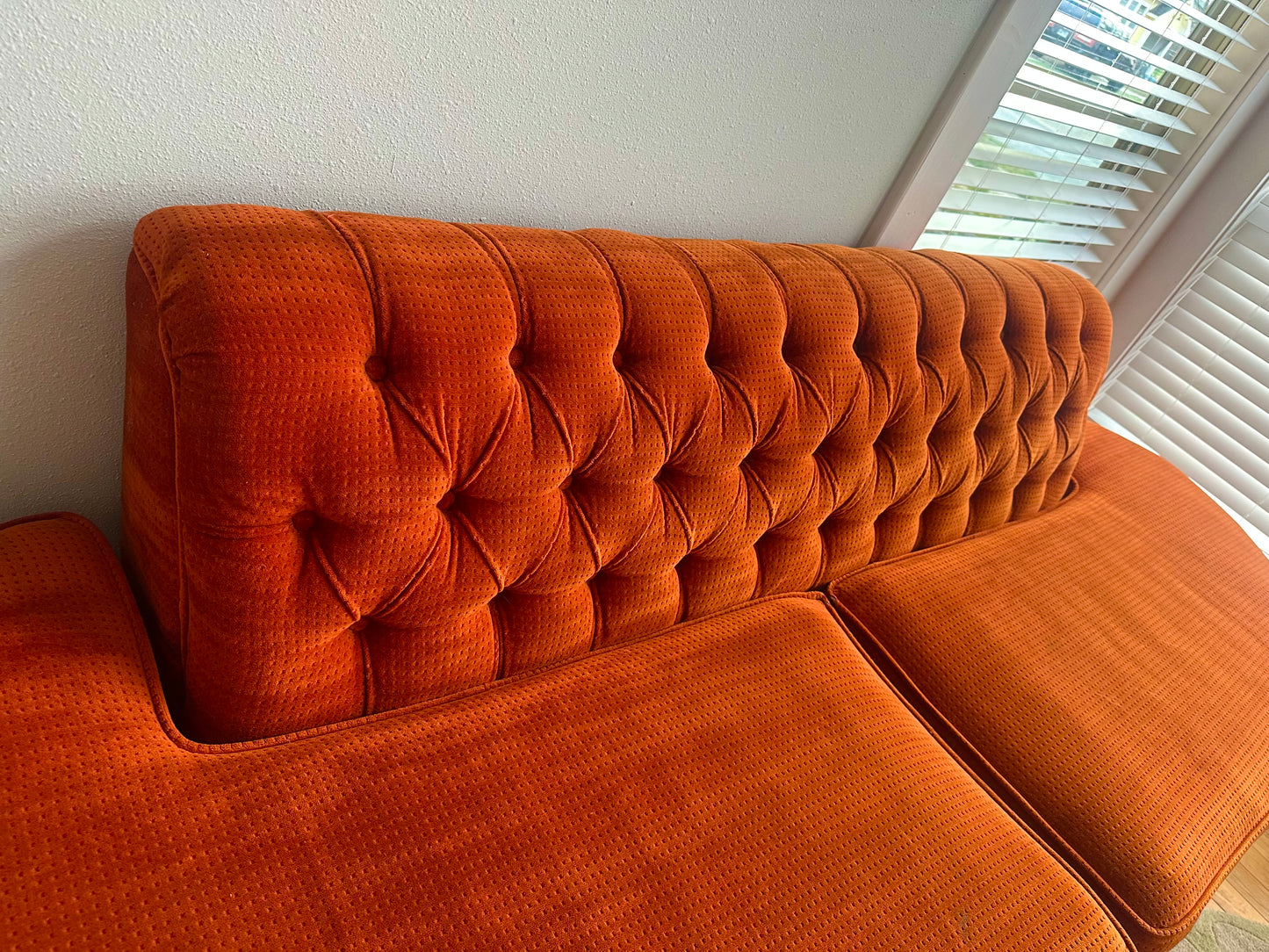 Mid Century Orange Velour Armless Tufted Sofa