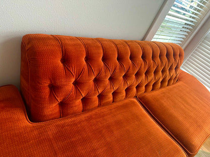 Mid Century Orange Velour Armless Tufted Sofa