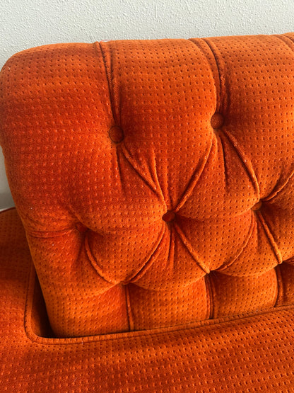 Mid Century Orange Velour Armless Tufted Sofa