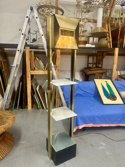 Vintage Postmodern Brass Tower Floor Clock with Shelves | 1970s Digital LED Grandfather Clock