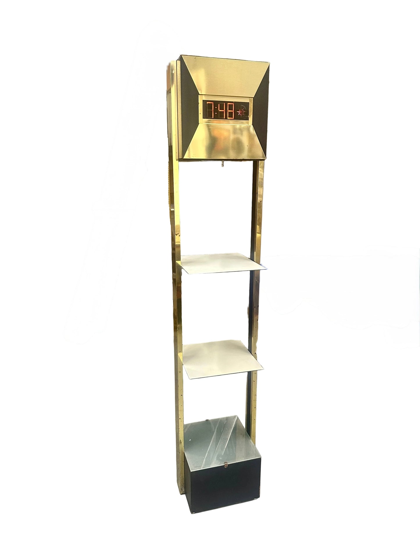 Vintage Postmodern Brass Tower Floor Clock with Shelves | 1970s Digital LED Grandfather Clock