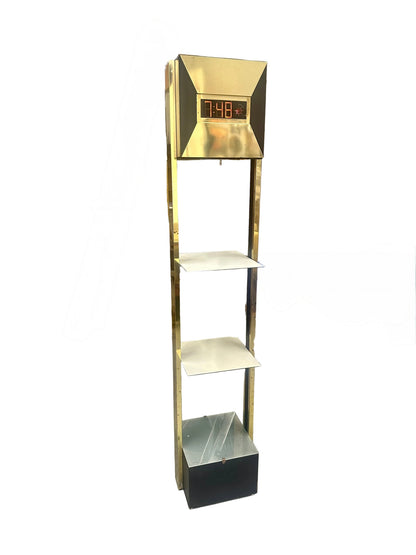 Vintage Postmodern Brass Tower Floor Clock with Shelves | 1970s Digital LED Grandfather Clock