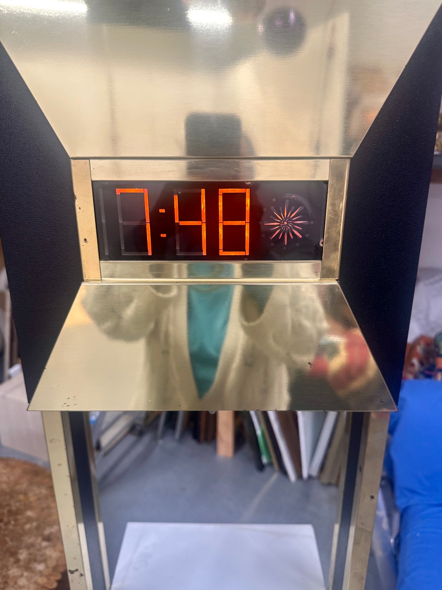 Vintage Postmodern Brass Tower Floor Clock with Shelves | 1970s Digital LED Grandfather Clock