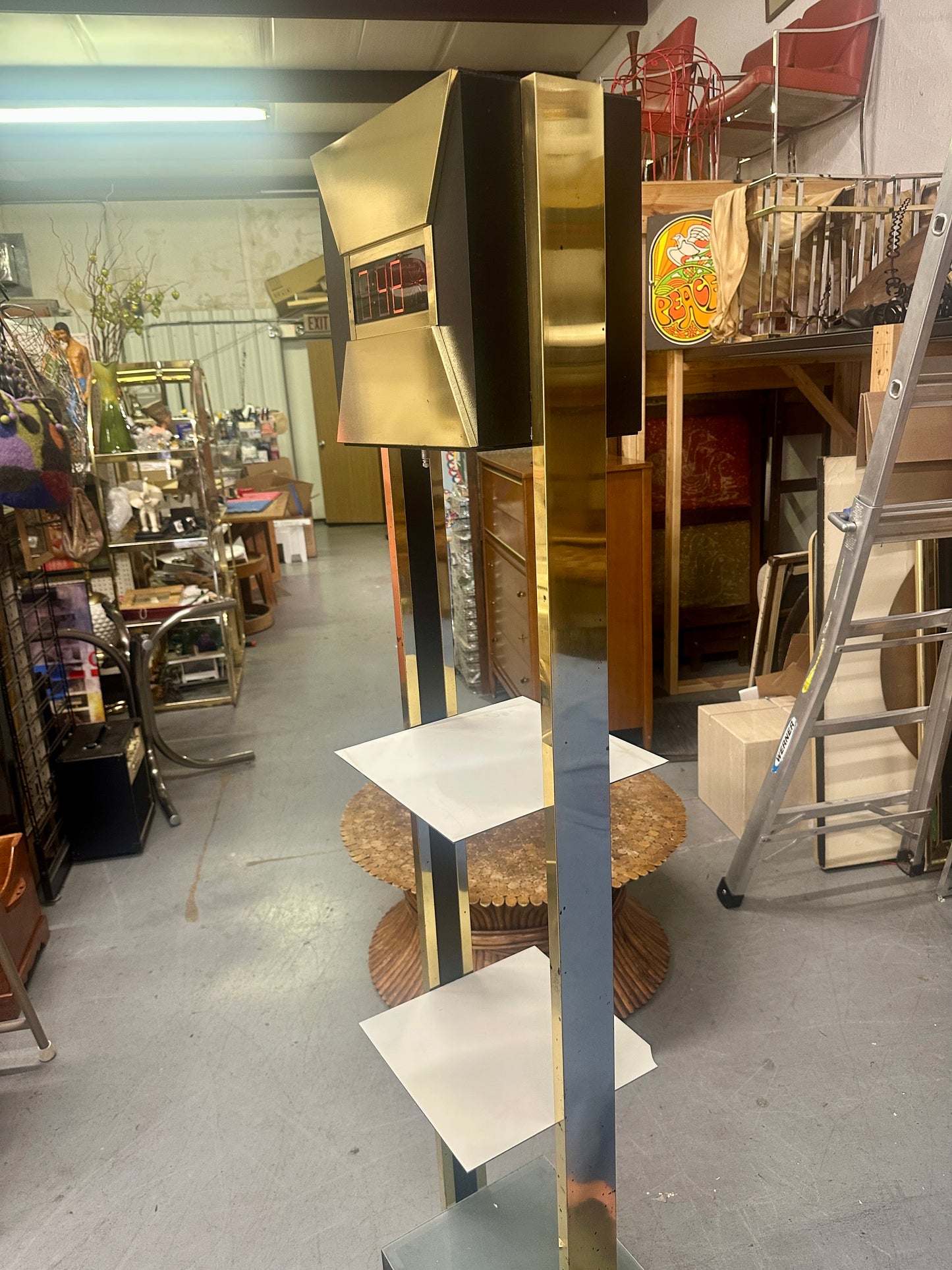 Vintage Postmodern Brass Tower Floor Clock with Shelves | 1970s Digital LED Grandfather Clock