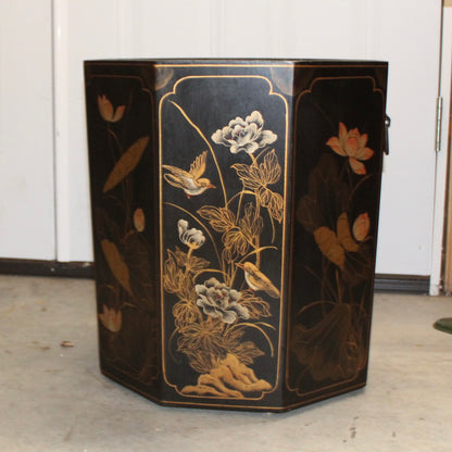 Japanese-style black lacquer waste bin featuring gold-painted floral and bird designs.
