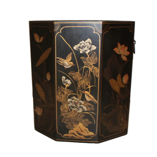 Japanese-style black lacquer waste bin featuring gold-painted floral and bird designs.