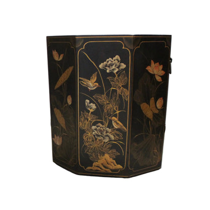 Asian themed black lacquer hexagon floor standing storage box with metal handles and unattached lid. Decorated with old-painted floral and bird detail. 