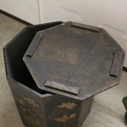 Japanese-style black lacquer waste bin featuring gold-painted floral and bird designs.