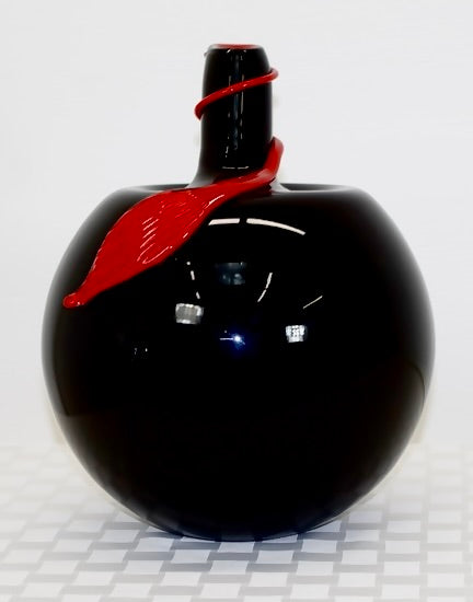 Blown Glass Black Apple with red leaf
