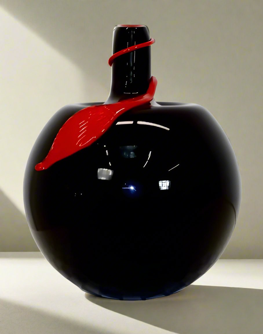Blown Glass Black Apple with red leaf
