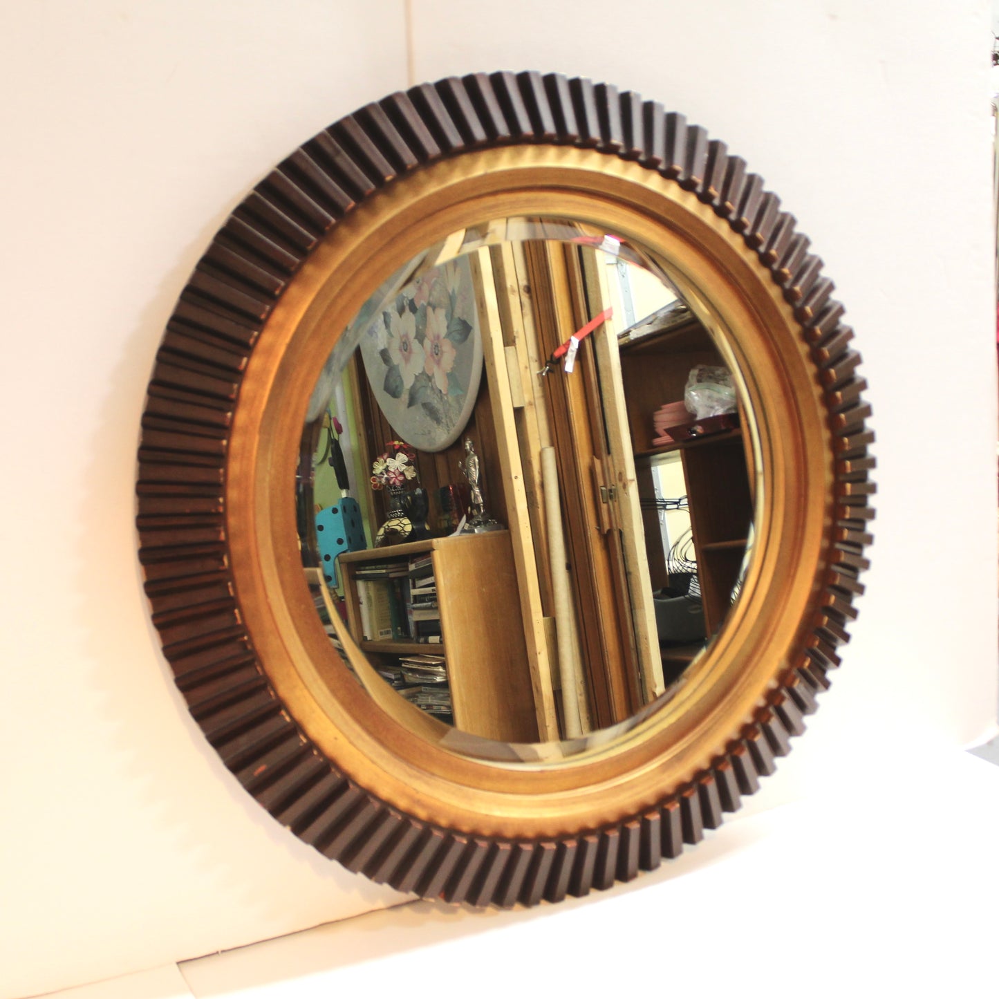 Modern Large Round Beveled Wall Mirror | Wood & Gold|