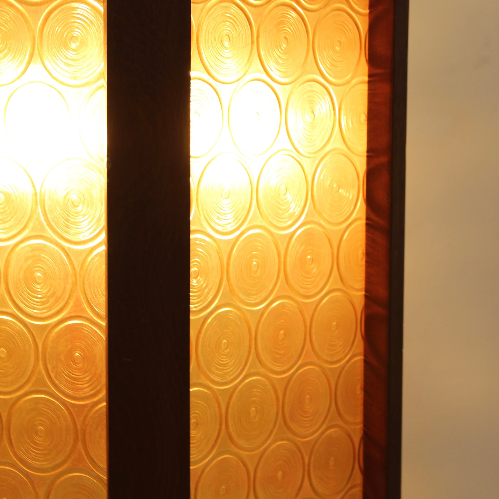 Vintage MCM Disco Fair Amber Bullseye Glass & Teak Hexagonal Lamp