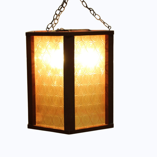 Vintage MCM Disco Fair Amber Bullseye Glass & Teak Hexagonal Lamp