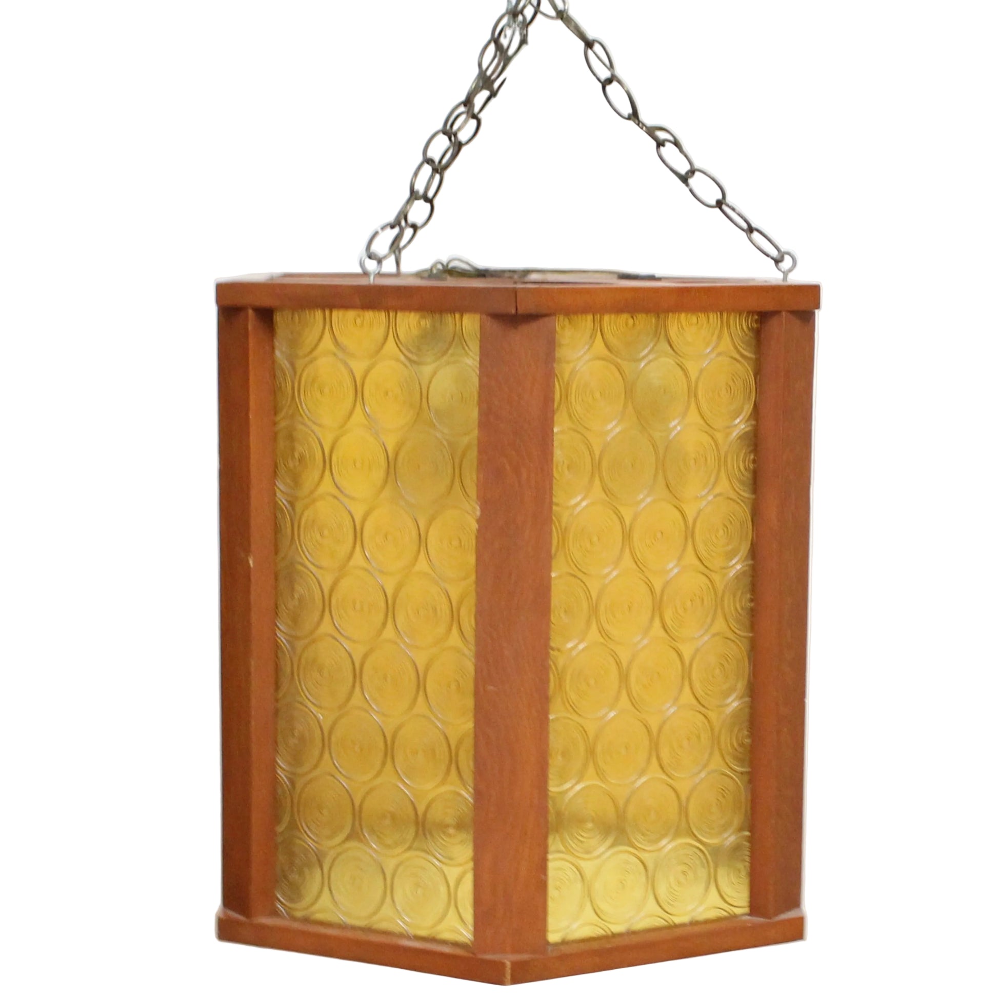 Vintage MCM Disco Fair Amber Bullseye Glass & Teak Hexagonal Lamp