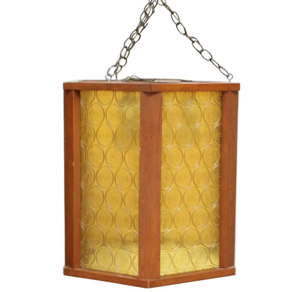 Vintage MCM Disco Fair Amber Bullseye Glass & Teak Hexagonal Lamp