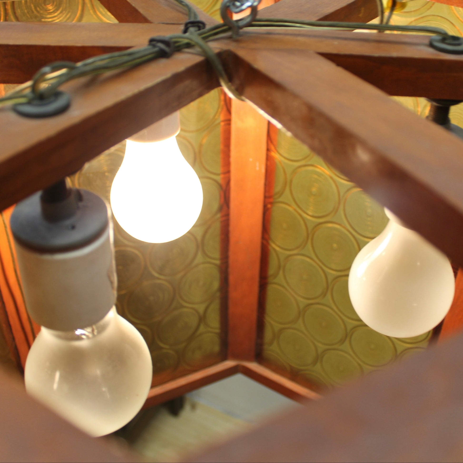 Vintage MCM Disco Fair Amber Bullseye Glass & Teak Hexagonal Lamp