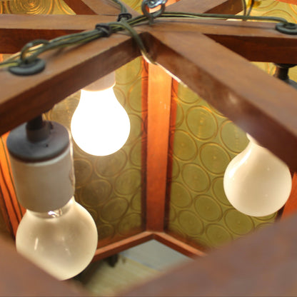 Vintage MCM Disco Fair Amber Bullseye Glass & Teak Hexagonal Lamp