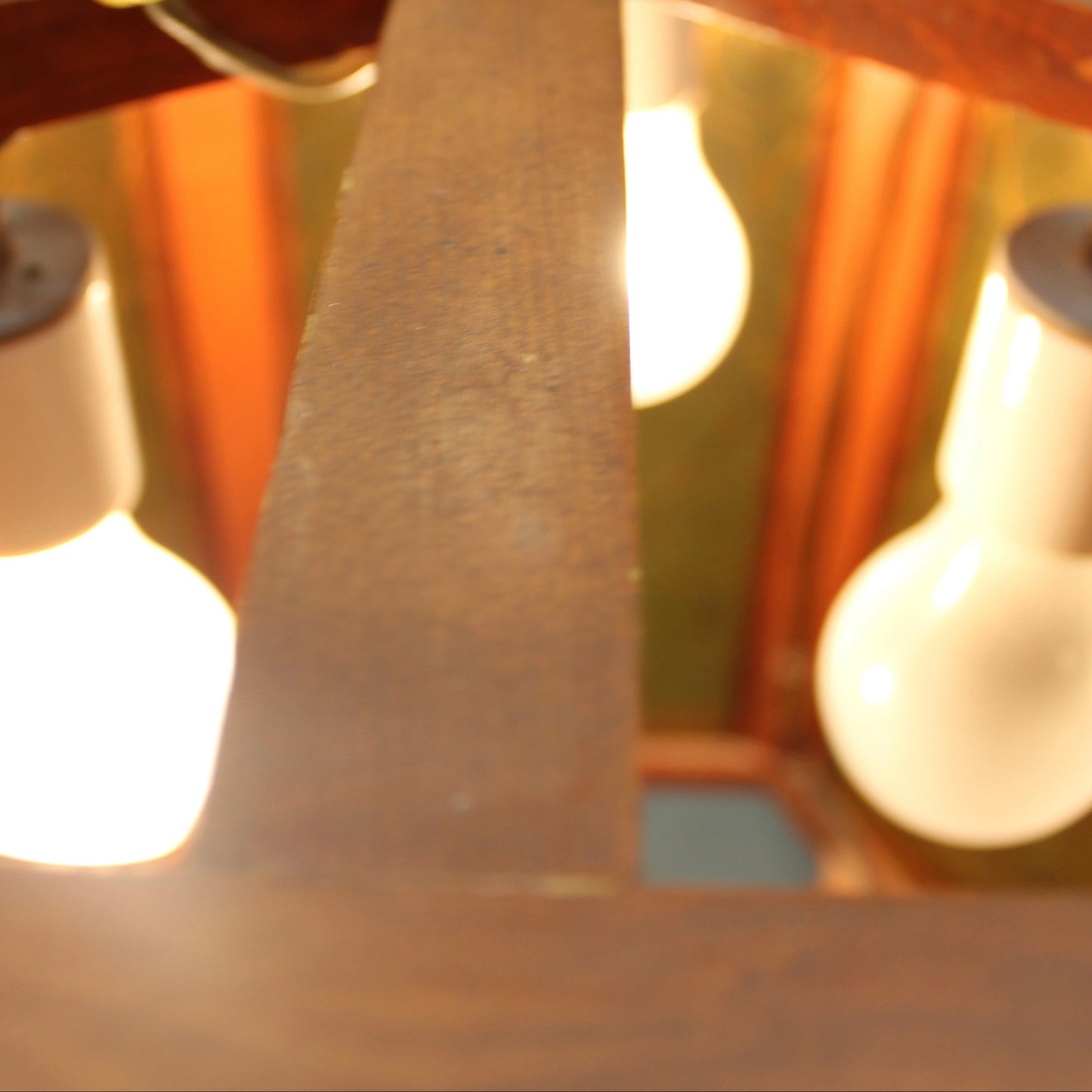 Vintage MCM Disco Fair Amber Bullseye Glass & Teak Hexagonal Lamp