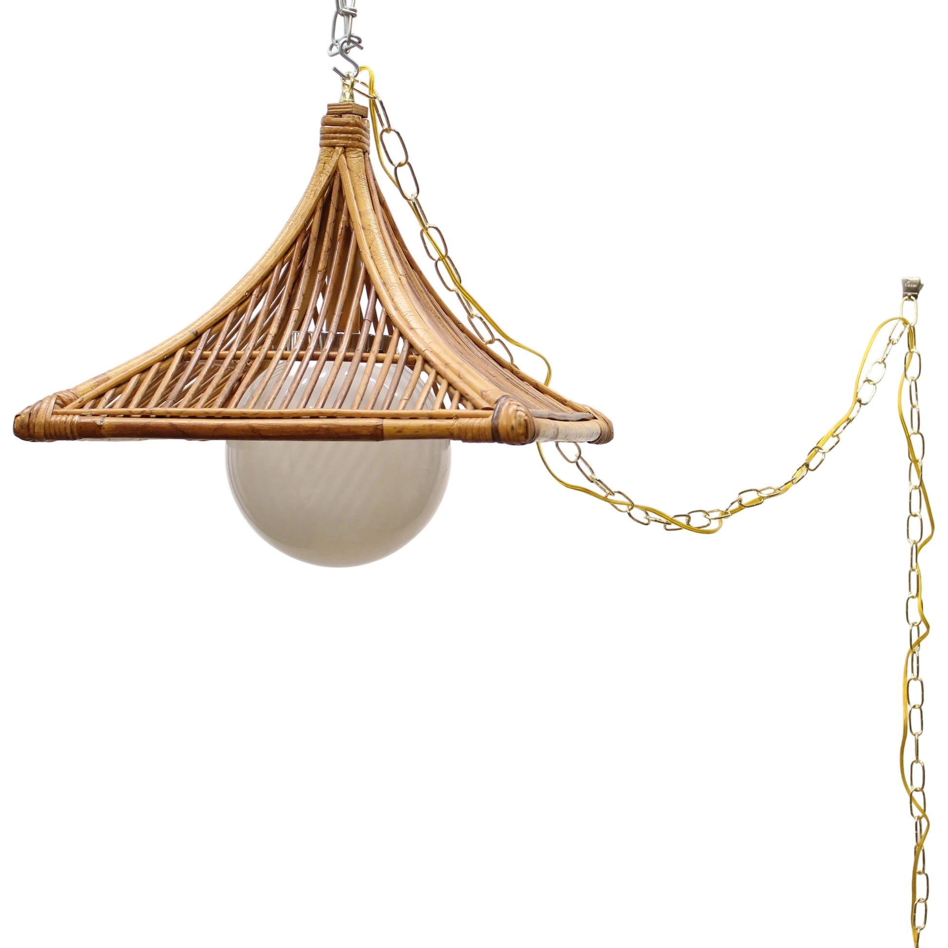 Large Vintage Bamboo Swag Lamp | Square with Glass Orb