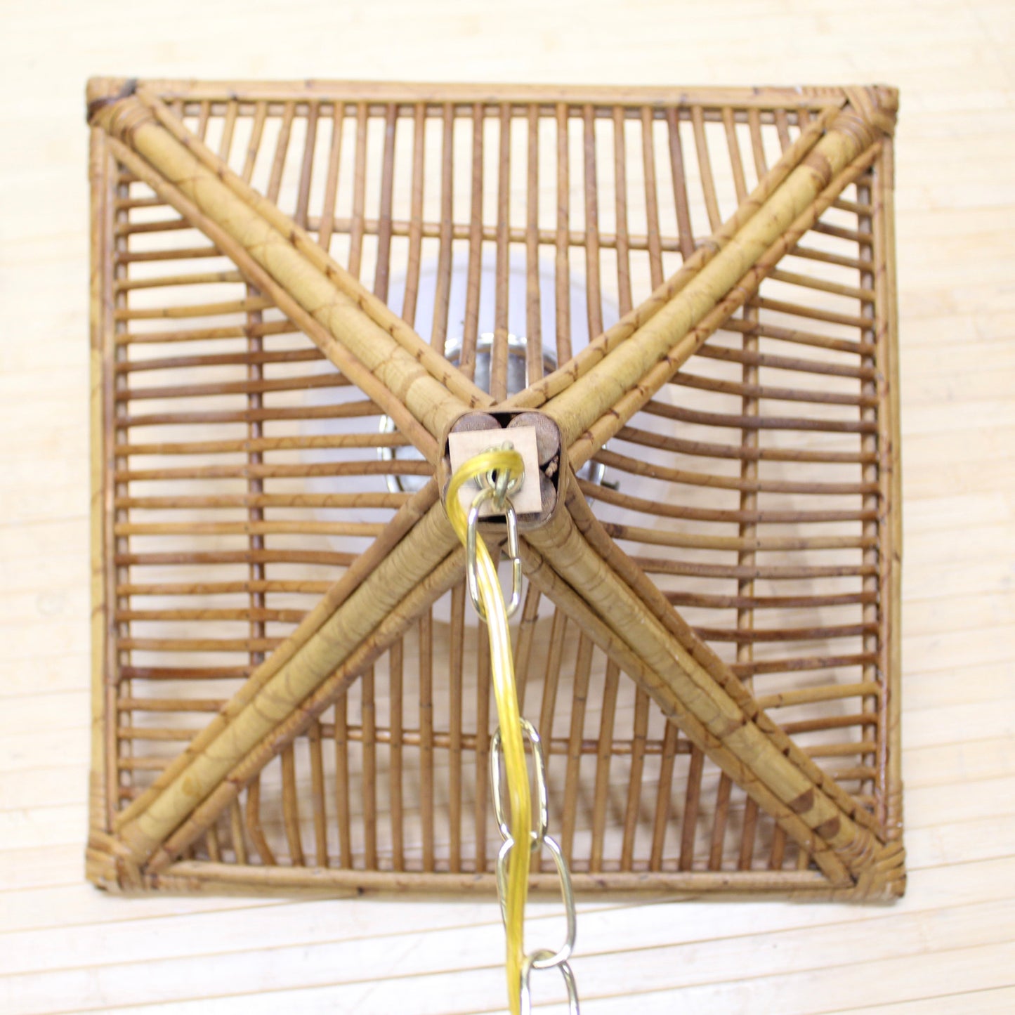 Large Vintage Bamboo Swag Lamp | Square with Glass Orb