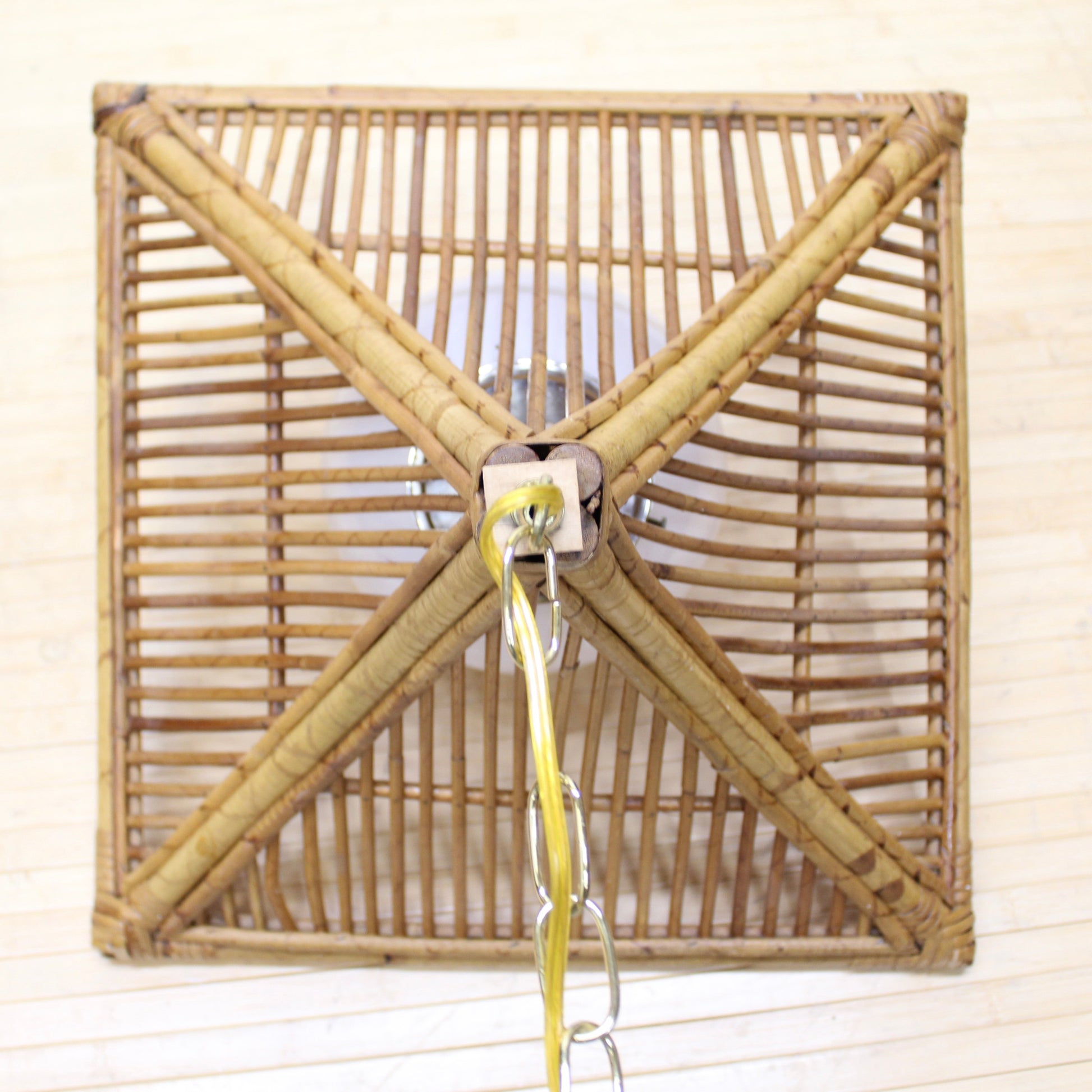 Large Vintage Bamboo Swag Lamp | Square with Glass Orb