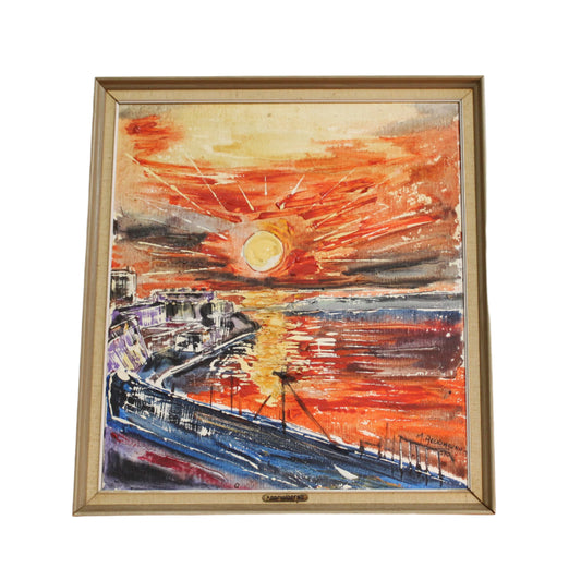 Vintage M. Arcidiacono Oil on Canvas "Sunrise Grand Harbor Malta" | Signed & Dated