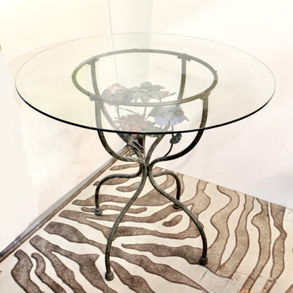 Vintage Round Wrought Iron Glass Top Accent Table