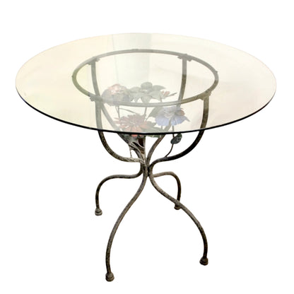 Vintage Round Wrought Iron Glass Top Accent Table