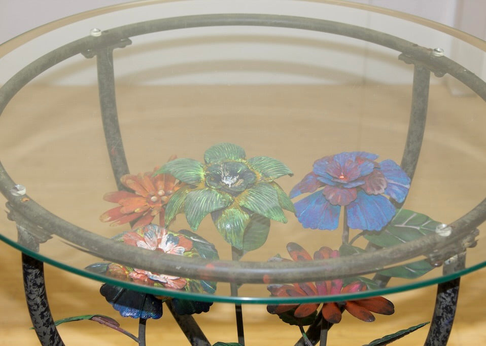 Metal Floral Glass Top Accent Table