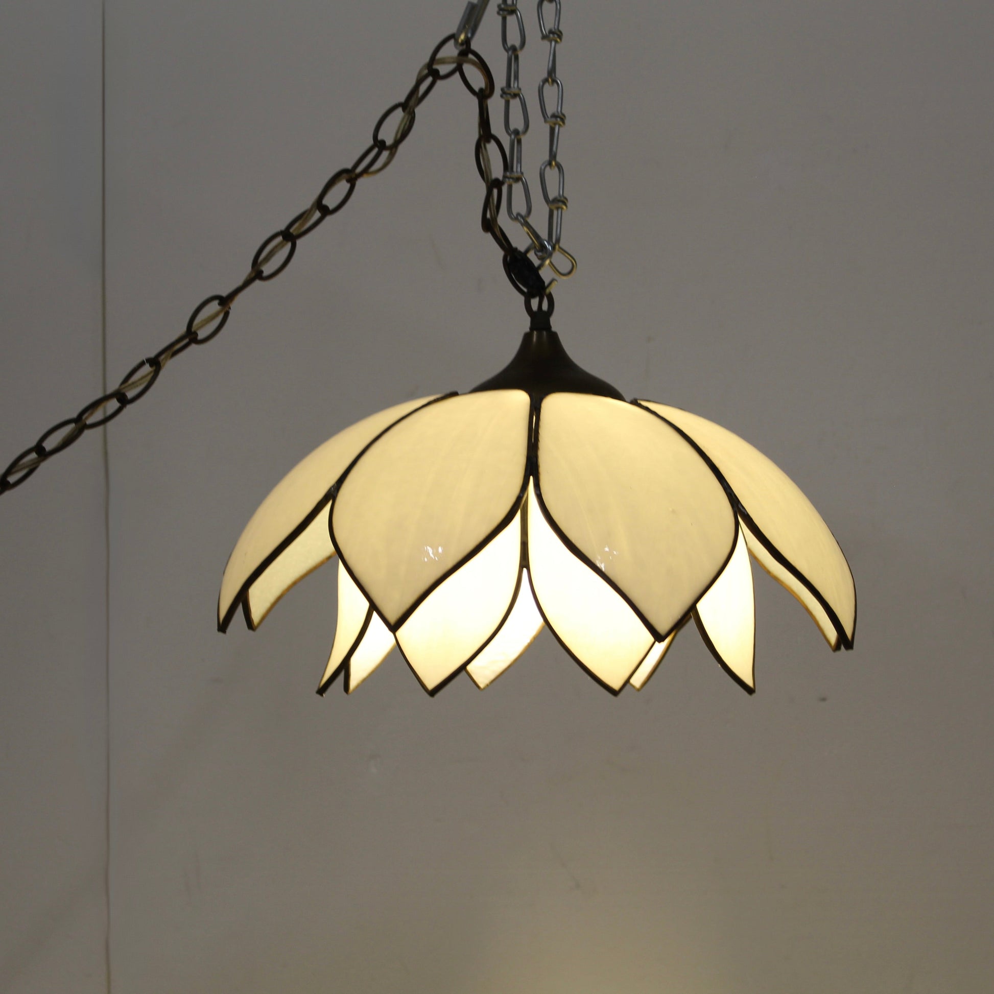 Mid-Century Modern White Slag Glass Double Lotus Petal Swag Pendant Light.