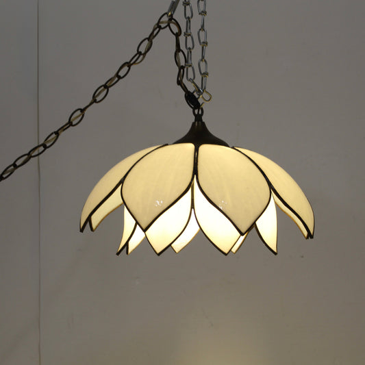 Mid-Century Modern White Slag Glass Double Lotus Petal Swag Pendant Light.