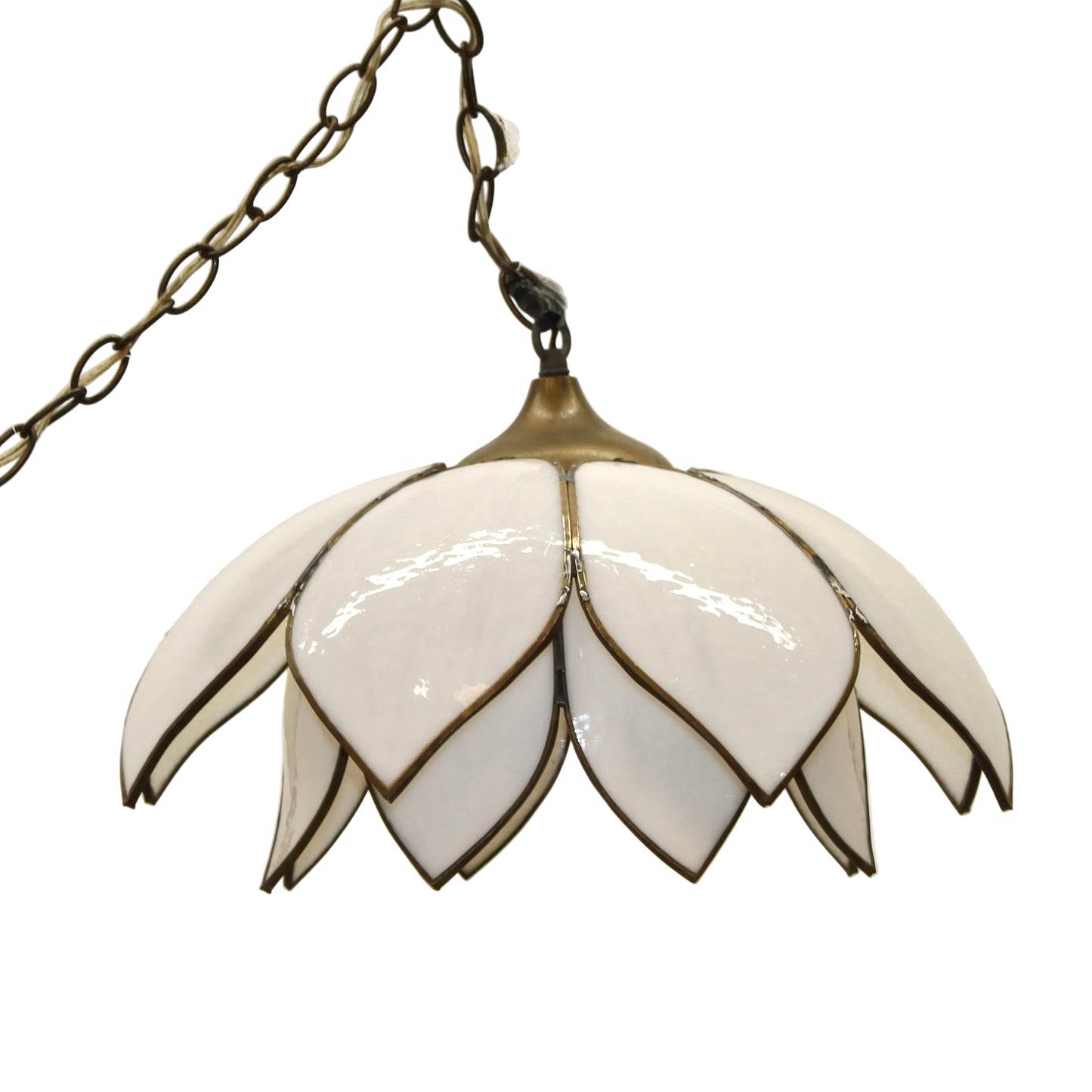 Mid-Century Modern White Slag Glass Double Lotus Petal Swag Pendant Light.