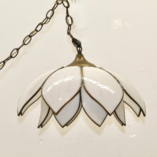 Mid-Century Modern White Slag Glass Double Lotus Petal Swag Pendant Light.