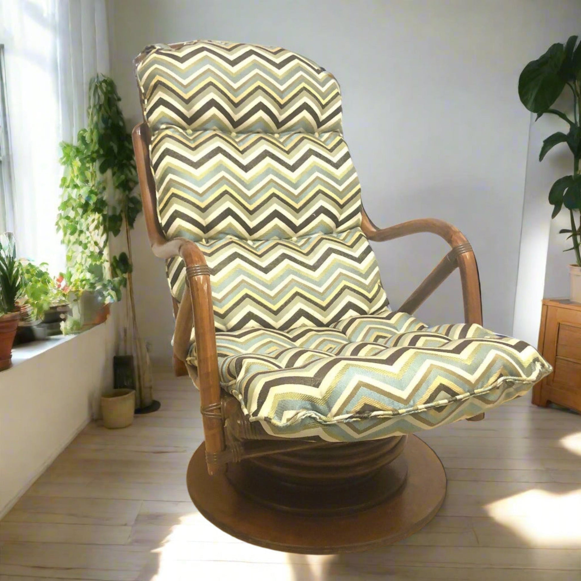 Restored Rattan Swivel Lounge Chair | Chevron Fabric OffCenterModern