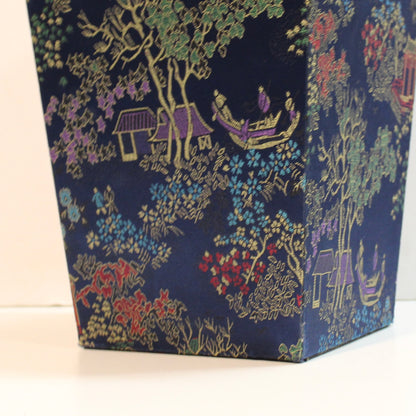 Navy blue Chinoiserie brocade square planter set. 