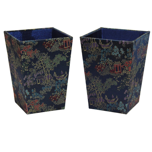 Navy blue Chinoiserie brocade square planter set. 