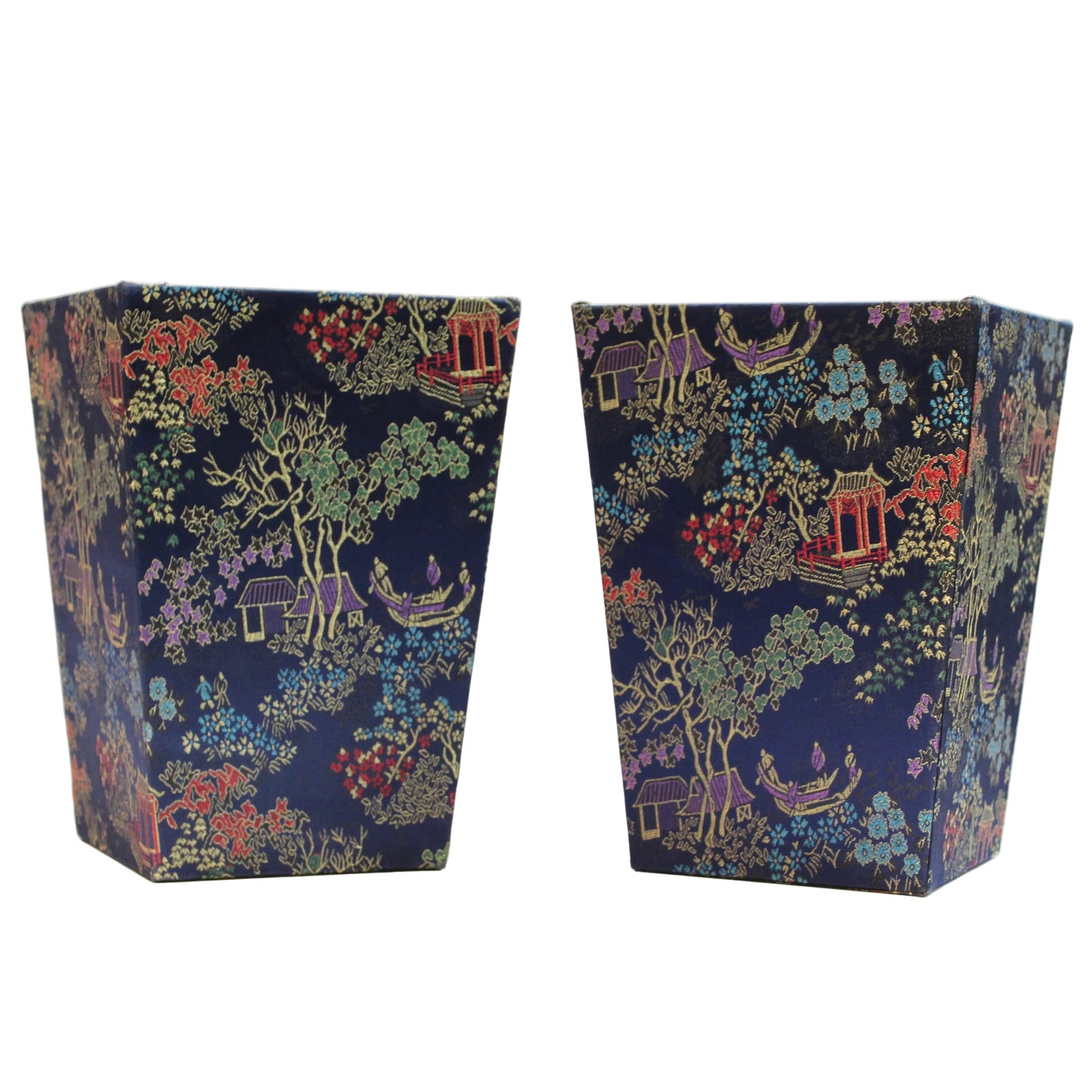 Navy blue Chinoiserie brocade square planter set. 