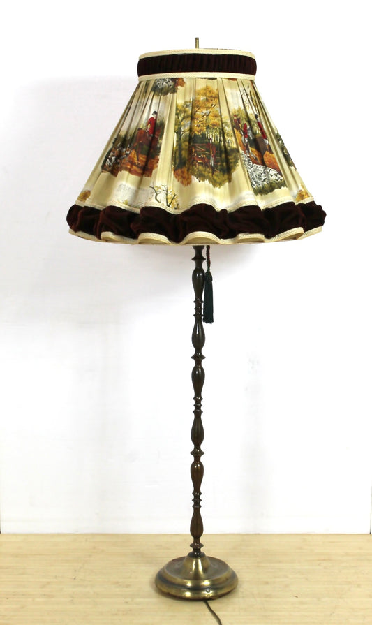 vintage Floor lamp with hore and hound fabric on shade.