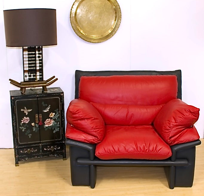Oversized Red and Black Italian Leather Chair