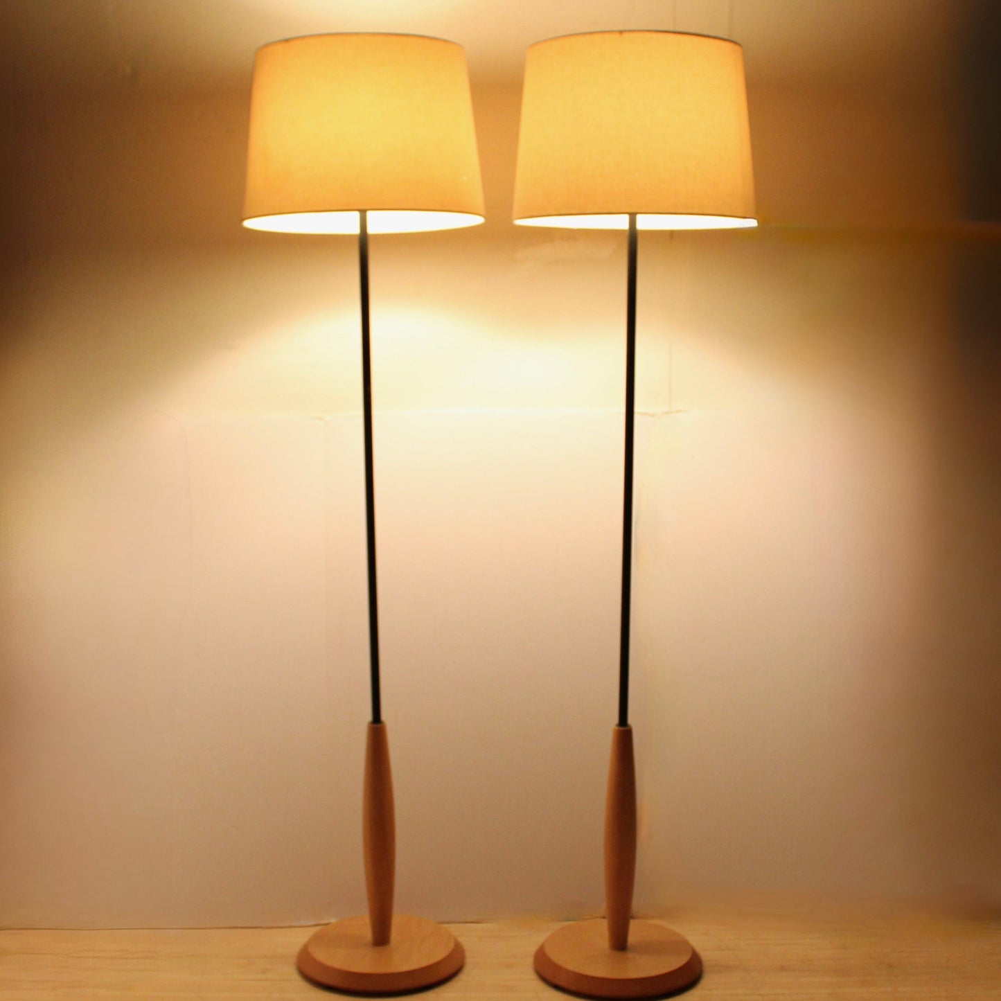 Pair Floor Lamps | 1990s Ash Wood & Smokey Glass Globes