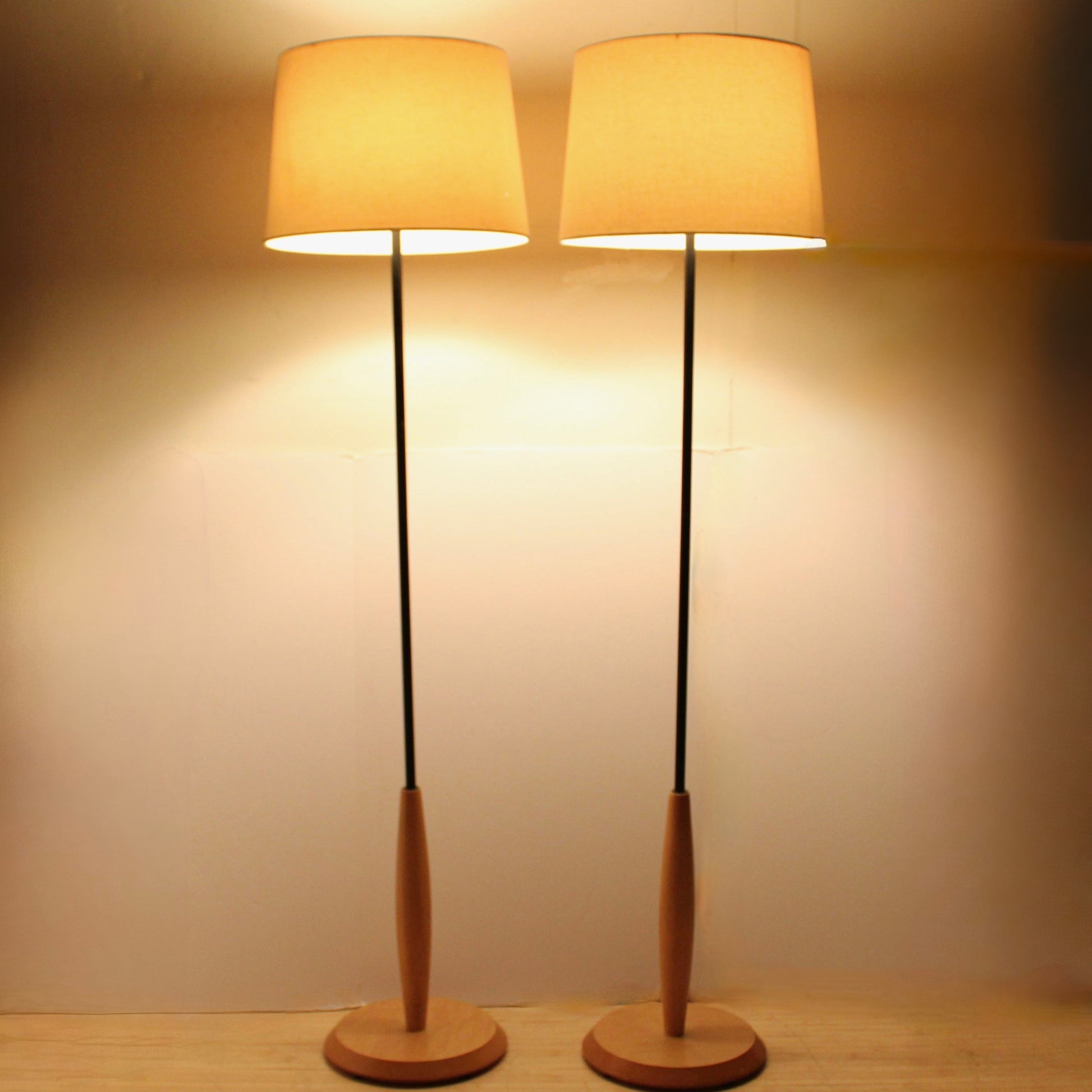 Pair Floor Lamps | 1990s Ash Wood & Smokey Glass Globes