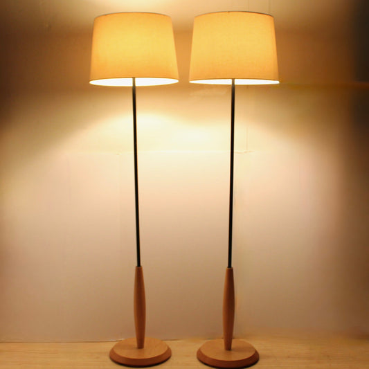 Pair Floor Lamps | 1990s Ash Wood & Smokey Glass Globes