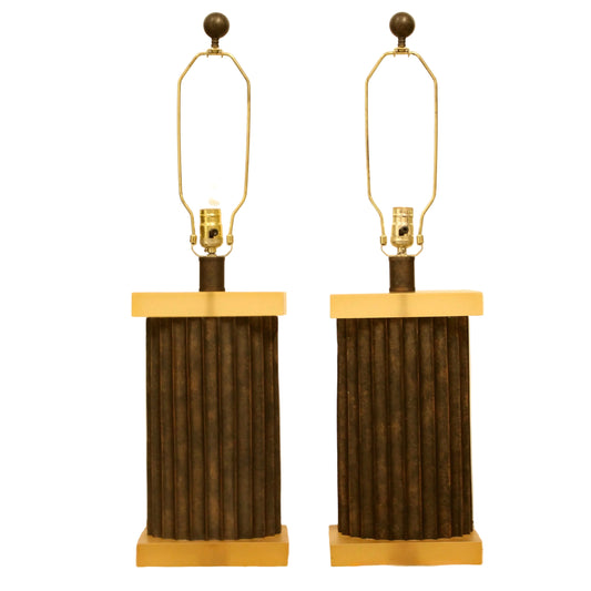 Pair of  Pilar Table Lamps - Fluted Column Design - Translucent Amber Resin & 3-Way Switch 
