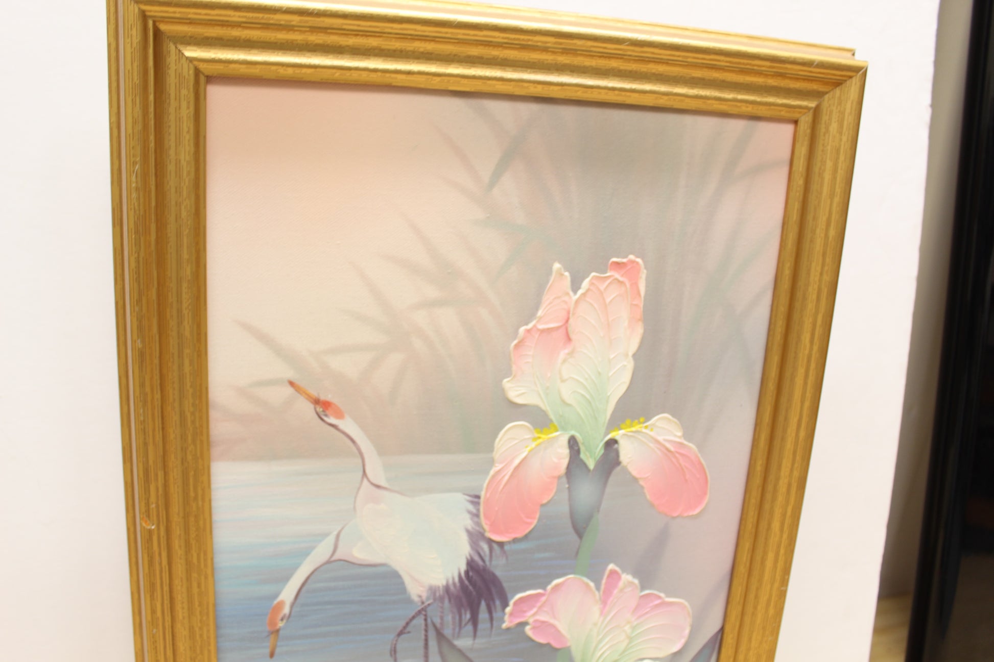 Artist Signed Oil Painting--Cranes and Iris
