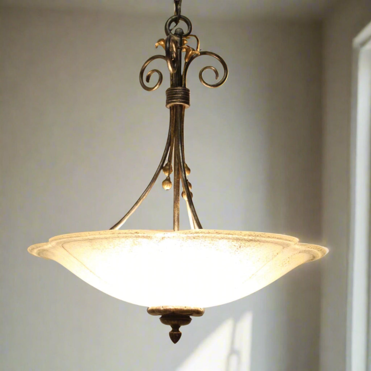 Iridescent Glass Shade Wrought Iron Chandelier