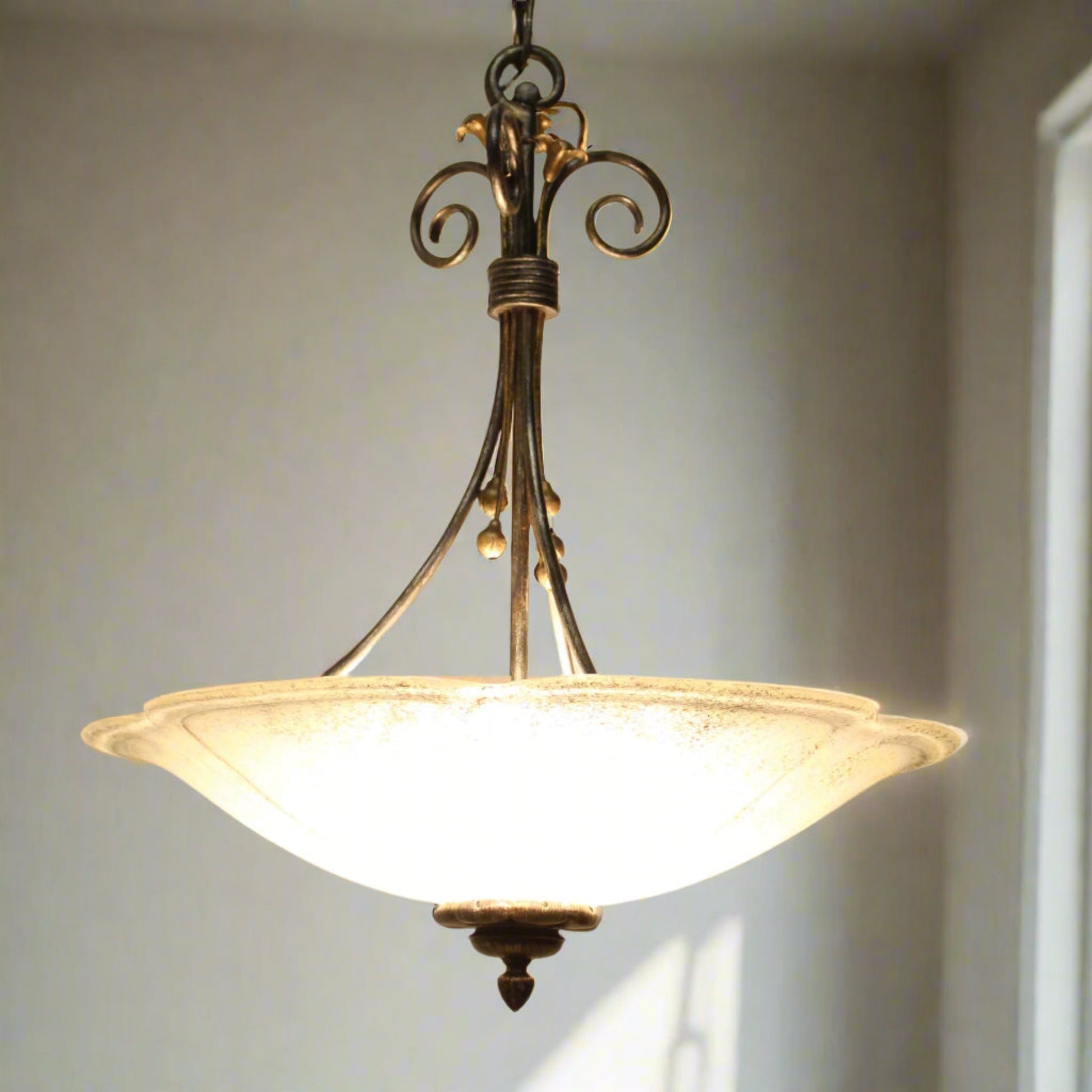 Iridescent Glass Shade Wrought Iron Chandelier