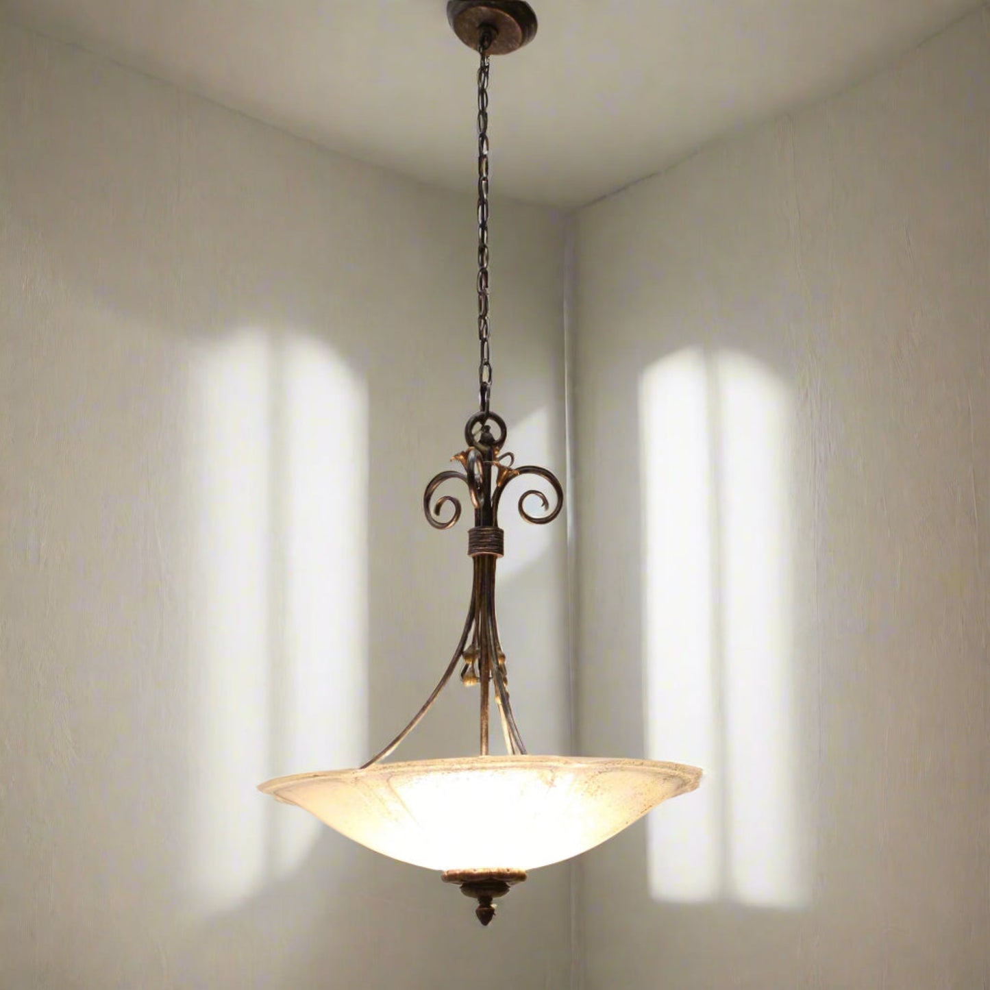 Iridescent Glass Shade Wrought Iron Chandelier