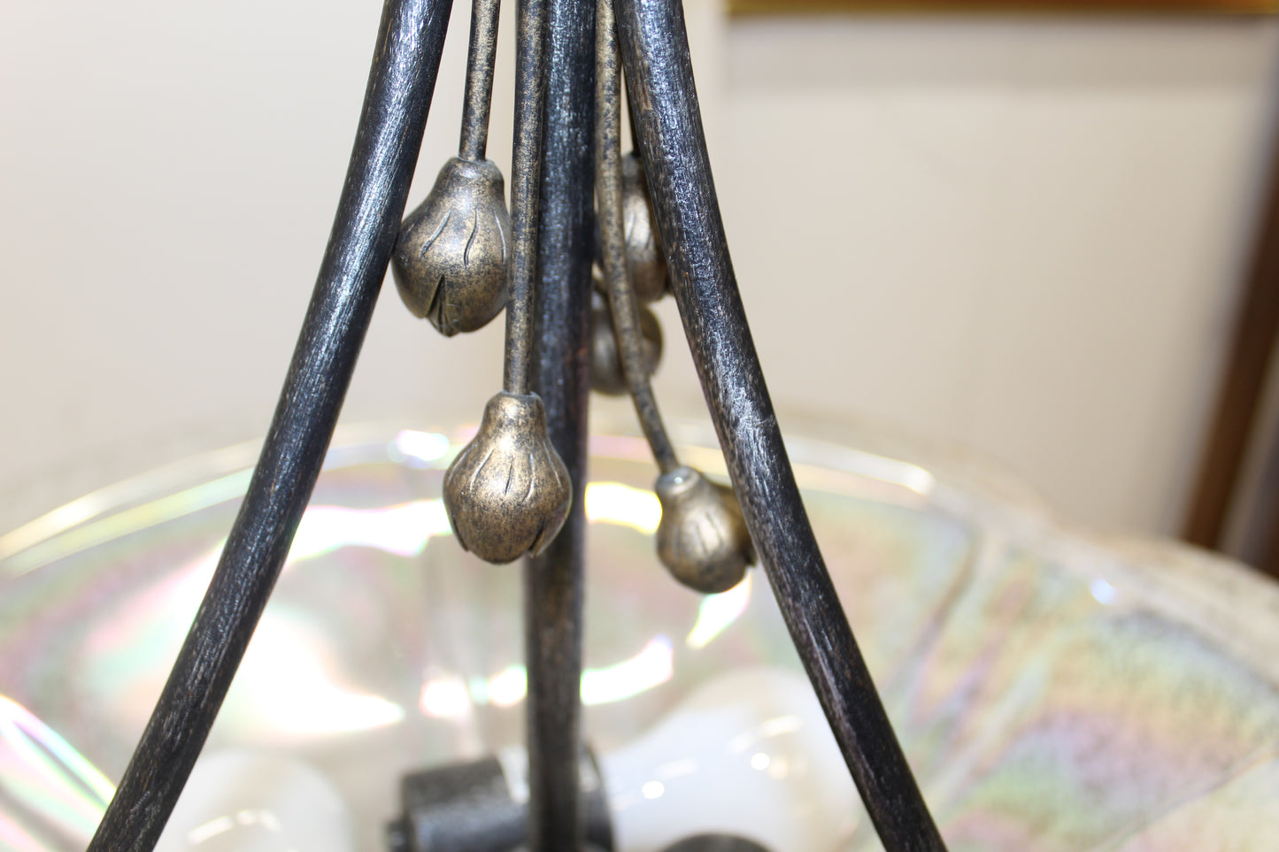 Vintage Iridescent Glass Floral Pendant Light | Wrought Iron Detail