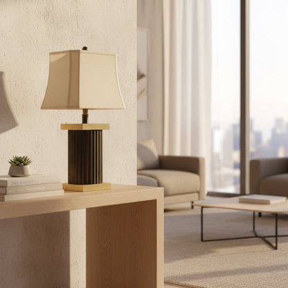 Mid Century Modern Fluted Table Lamp, Amber Resin Column Lamp Pair, Hollywood Regency living room setting. 
