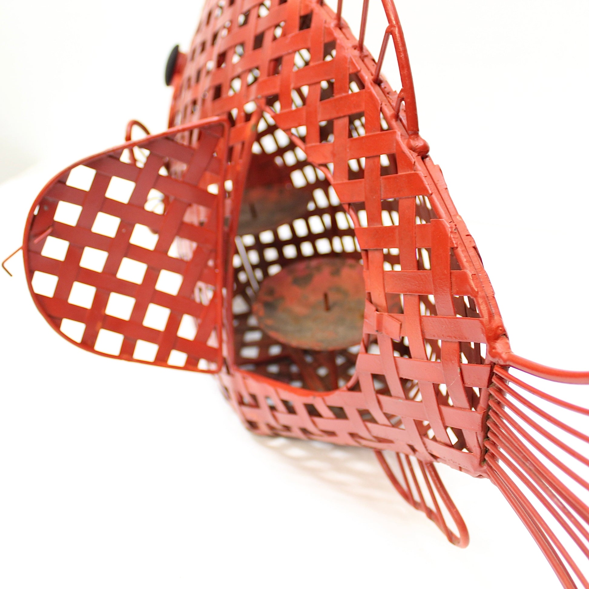 Vintage Red Woven Metal Fish-Shaped Candle Holder